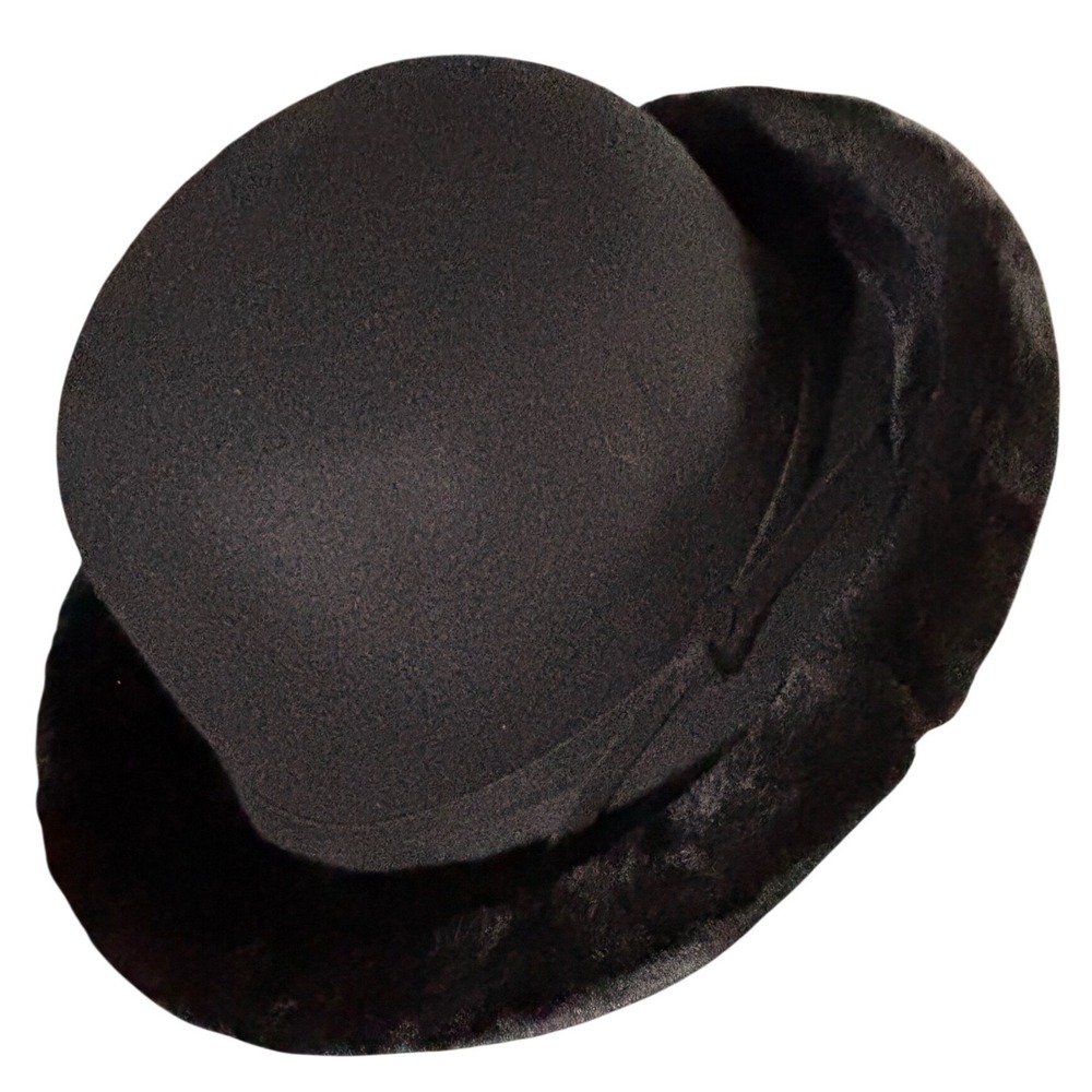Betmar New York Vintage Black Wool Felt Cloche Hat Faux Fur Brim Union Made USA‎